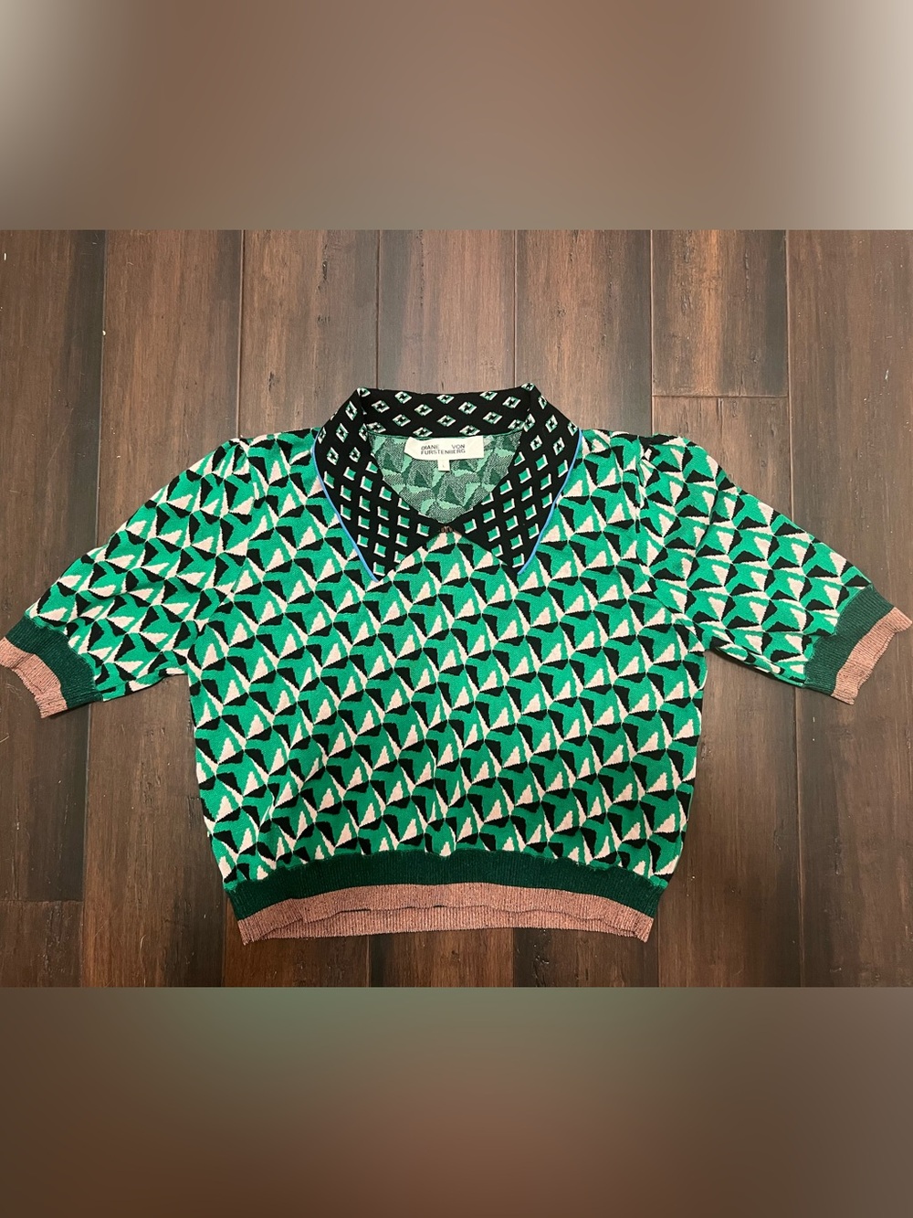 Diane Von Furstenberg Green  & Black Geometric Knit Top